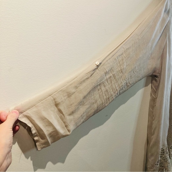 JOHNNY WAS Sz L 100% Cupro Rayon Embroidered Trim Semi Sheer Cream  Blouse - Picture 11 of 12